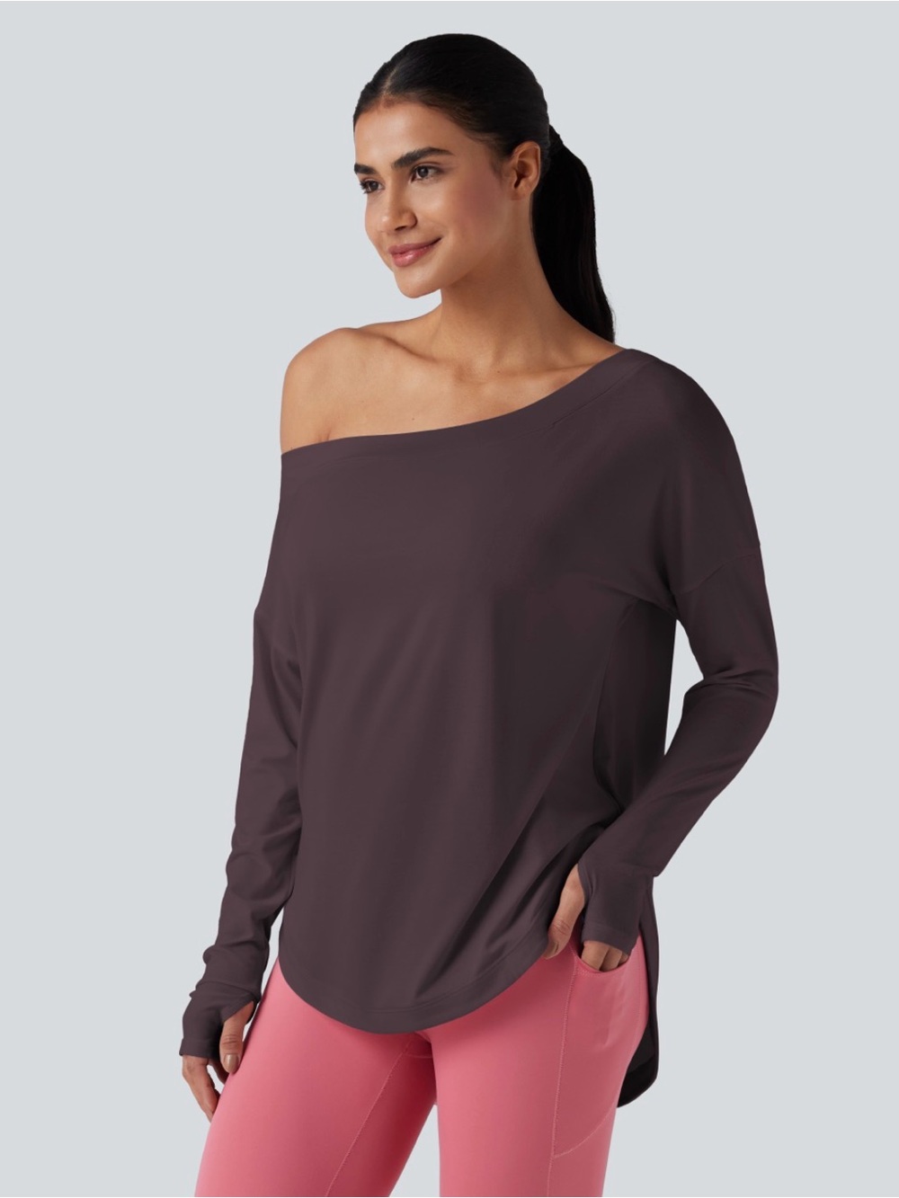Halara Off-Shoulder Long Sleeve Women's Top in Deep Plum